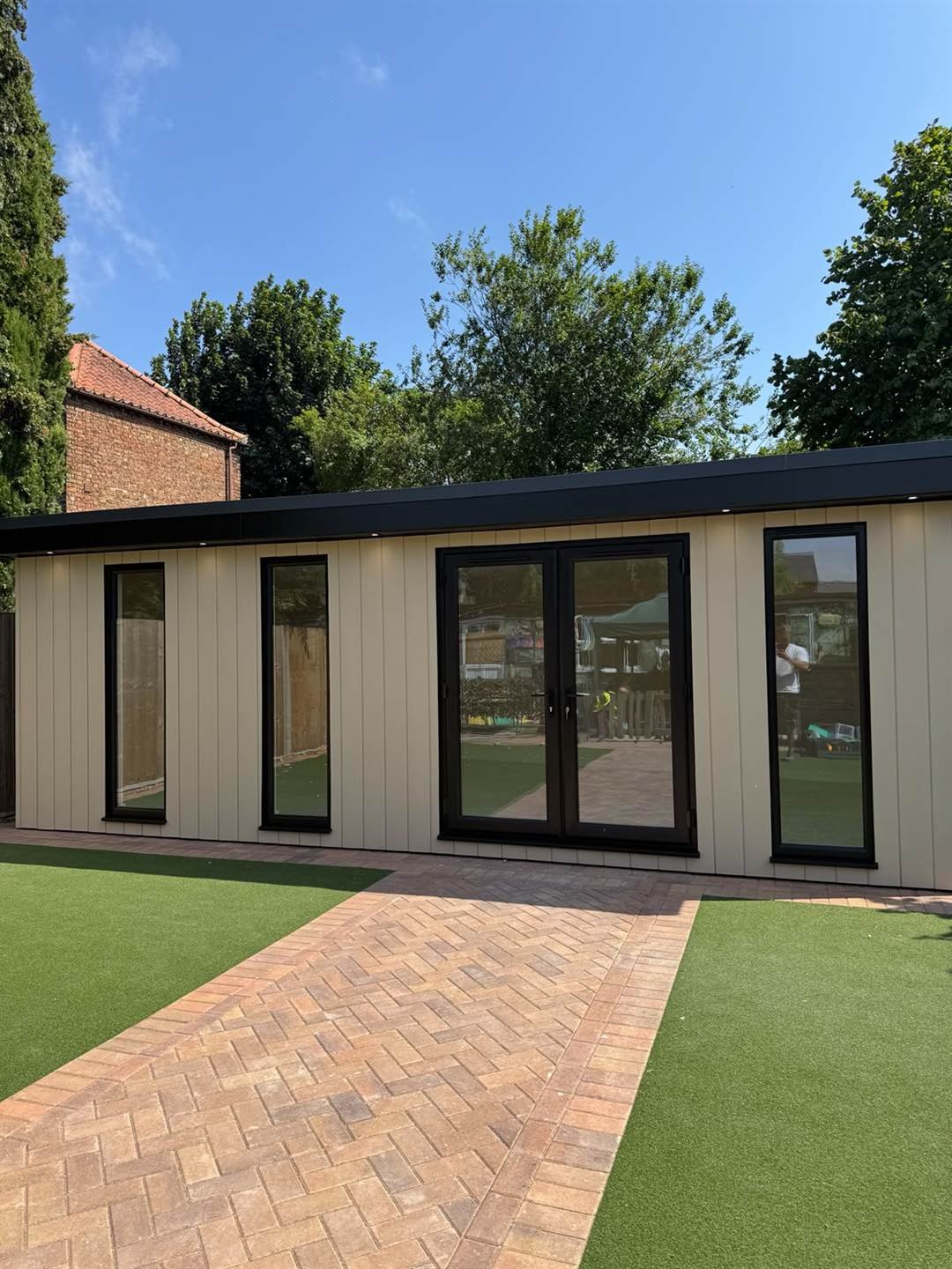 Close view of the garden room glazing and soffit downlights